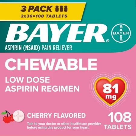 Bayer - Low Dose Aspirin Regimen - 81Mg Chewable Tablets - Cherry - 108 Ct.. - 6 Pack