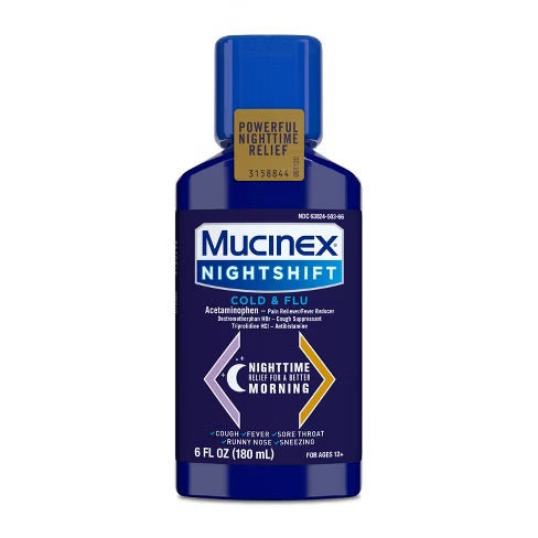 Mucinex - Nightshift Cold & Flu Night Time Relief For A Better Morning Cough Fever Sore Throat Run 6 Floz