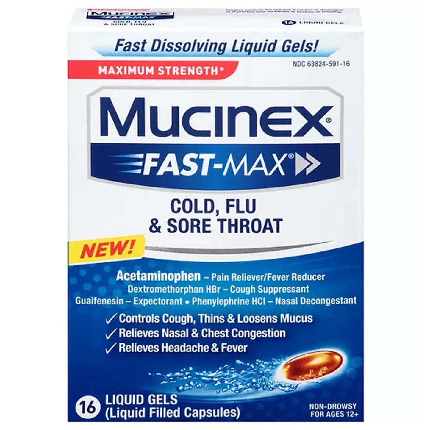 Mucinex - Fast Max Cold - Max Strength Flu & Sore Throat - 16 Liquid Gels