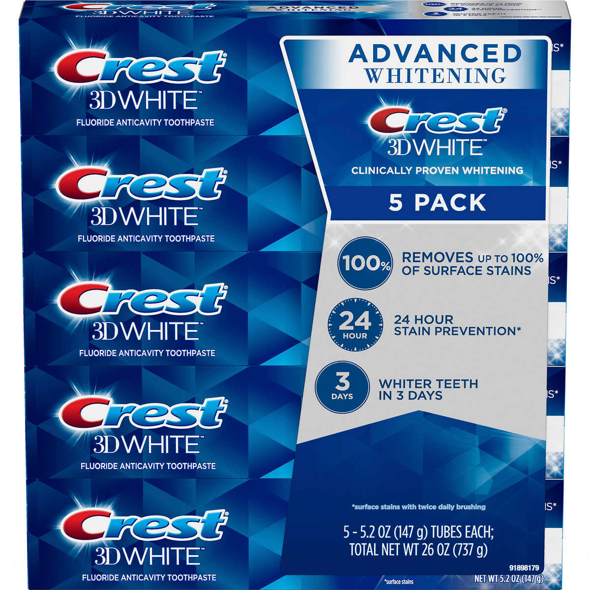 Crest Toothpaste - 3D White - Advanced Whitening Toothpaste - 5.2 Ounce (Pack Of 5)